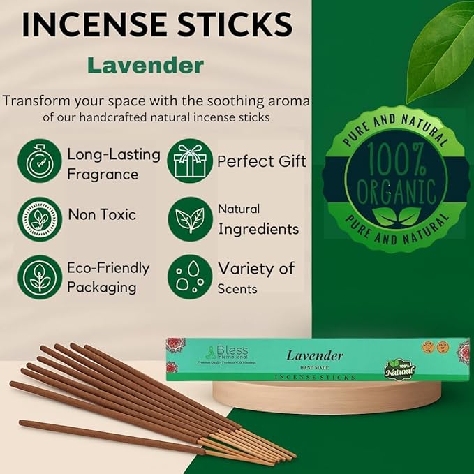 Bless-Lavender 100%-Natural-Handmade-Hand-Dipped-Incense-Sticks Organic-Chemicals-Charcoal-Free Purification-Relaxation-Positivity-Yoga-Meditation Best-Woods-Scent (80 Sticks (4.20 OZ))