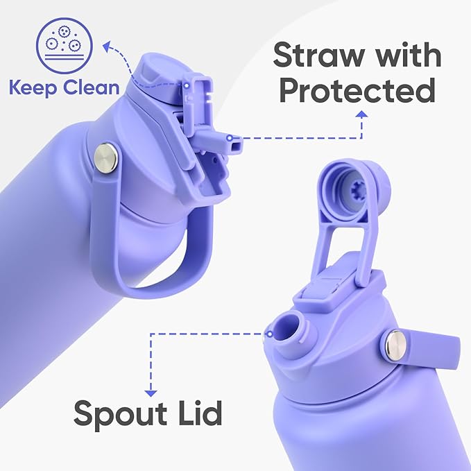 32 oz Insulated Water Bottle, 2-in-1 Lid, Straw & Spout with Protected, Leak Proof, Keep Cold, Stainless Steel, Metal, Reusable, Handle, for Outdoor, Gym and School, 2 Lids, Aurora Blue