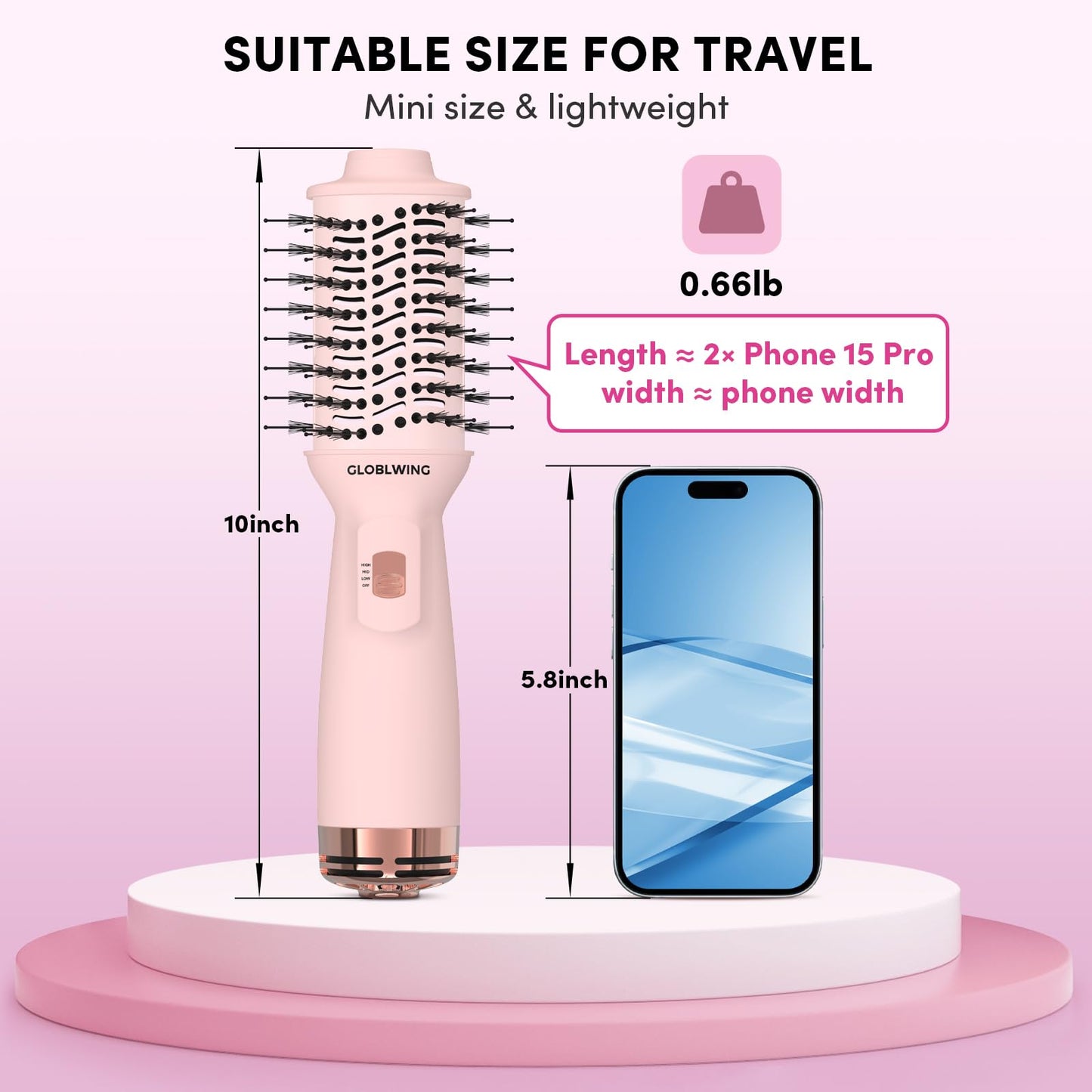 GLOBLWING Travel Dual Voltage Hair Dryer Brush Compact Mini Hot Air Brush with European Plug One Step Blow Dryer and Styler for Women, Oval Barrel 3 Heat & 2 Speed Settings