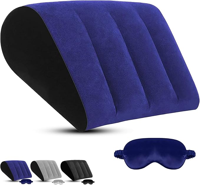 TheClover Inflatable Wedge Pillow for Sleeping – Portable Travel Bed Wedge & Silk Sleep Mask Set, Compact Storage for Home, Camping & Airplane Use (Blue)