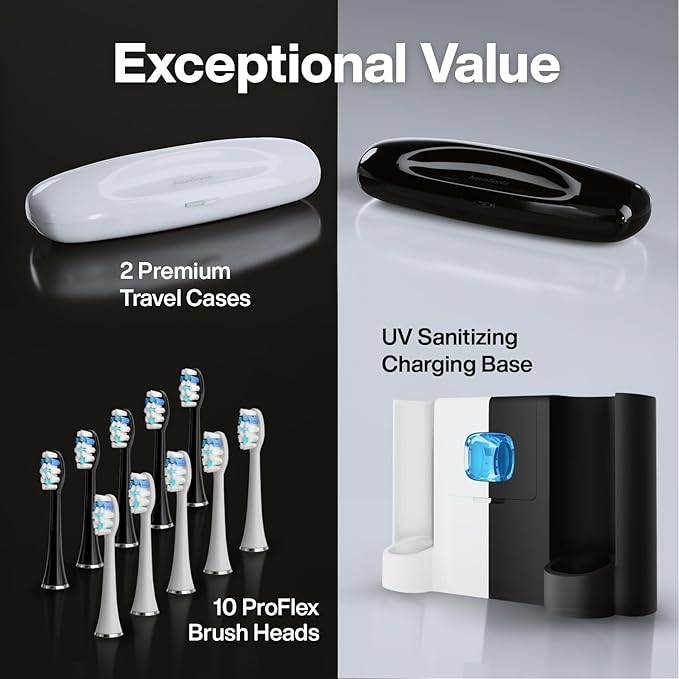 Aquasonic Duo Series PRO UV - ADA Accepted Electric Toothbrushes with UV Sanitizer - Inductive Charging Base - 5 Modes with Smart Timers - 10 Proflex Brush Heads & 2 Travel Cases