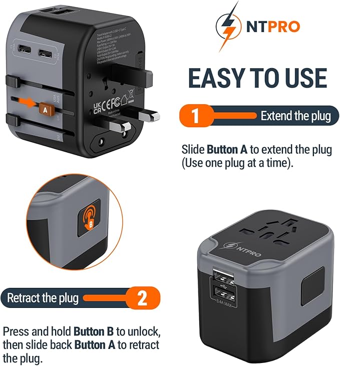 5 in 1 Universal Travel Adapter-10A | International Power Adapter with 2 USB C, 2 USB A Ports | 3.4A & 2400W Fast Portable Charger | Travel Adapter Worldwide Covering 200+ Countries- Black