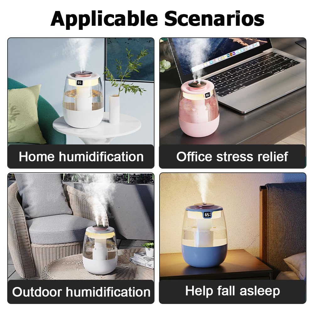 DONGKER Double Spray Humidifier,1L Silent USB Digital Display Humidifier with 2 Mist Modes & Night Light for Car Office Home Room