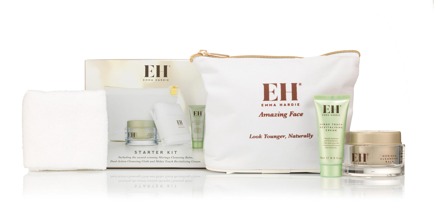 Emma Hardie Starter Kit: Travel Size 50ml Moringa Cleansing Balm, Travel Size 15ml Midas Touch Revitalising Cream & Professional Cleansing Cloth, Packed in a Cosmetic Bag, Natural & Cruelty Free