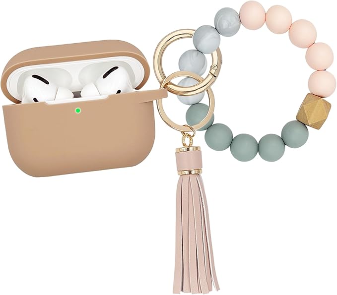 Compatible with Airpods Pro Soft Silicone Case Cover with Bracelet Keychain for Apple Airpod Pro 1st Generation Case for Women (Milk Tea)