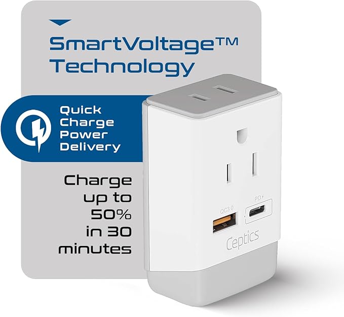 Ceptics US to India Plug Adapter, Type D Plug Adapter QC 3.0 & PD, Safe USB & USB-C 18W, India Plug Adapter Fast Charging - 2 USA Socket Compact & Powerful - Use in Pakistan Nepal Sri Lanka - AP-10