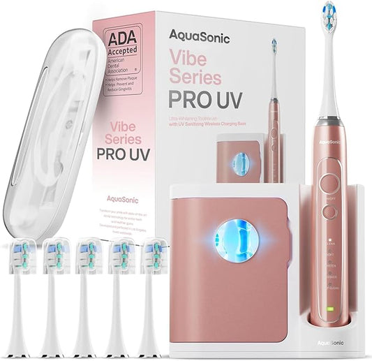 Aquasonic Vibe Series PRO – Ultra-Whitening Electric Toothbrush – 5 Modes & Smart Timers – UV Sanitizing Base – ADA Accepted (Satin Rose Gold)
