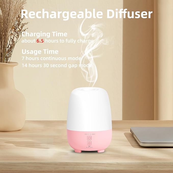 Cordless Essential Oil Diffuser 150ML, Rechargeable Battery, 7H Runtime, 7 LED Lights, Mini Portable Aromatherapy Diffuser for Home, Office, Bathroom, Travel