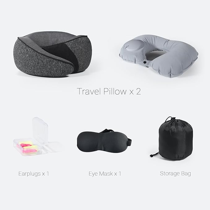 Cozi Travel Pillow for Airplane,100% Pure Memory Foam Airplane Pillow with Inflatable Adjustable Neck Pillow for Women Men Traveling Sleeping Long Flight Portable Plane Accessories Deep Gray