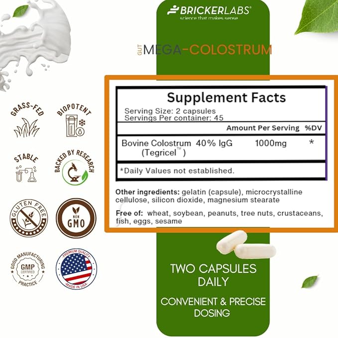 Bricker Labs Mega-Colostrum Capsules, Gut Health, Immunity, Skin & Hair, 1000 mg Bovine Colostrum Supplement 40% IgG, Rich in bioactive proteins, Growth Factors and antibodies, 45 Servings