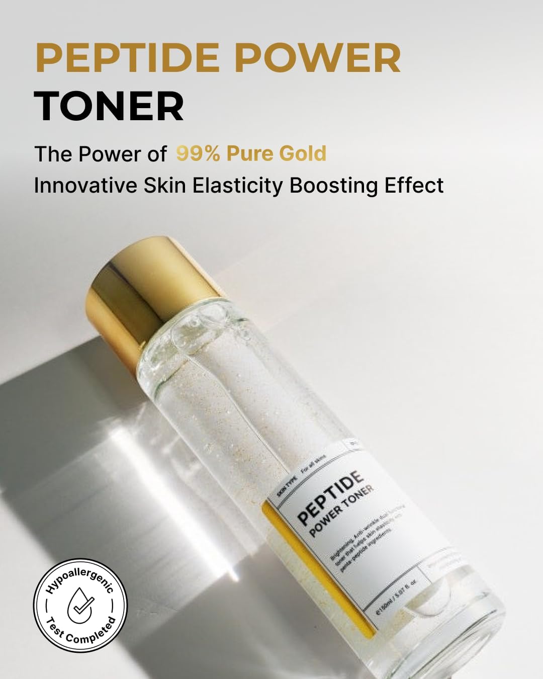 BOM Cosmetics Peptide Power Toner 5.07 Fl Oz, Hydrating Serum-Like Toner with Penta-Peptides and 99% Pure Gold for Skin Collagen Boost, Smoothness, and Long-Lasting Moisture, Korean Skincare
