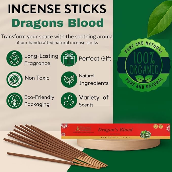 Bless-Dragons-Blood 100%-Natural-Handmade-Hand-Dipped Organic-Chemicals-Charcoal-Free Purification-Relaxation-Positivity-Yoga-Meditation Best-Woods-Scent (25 Sticks (1.4 OZ))