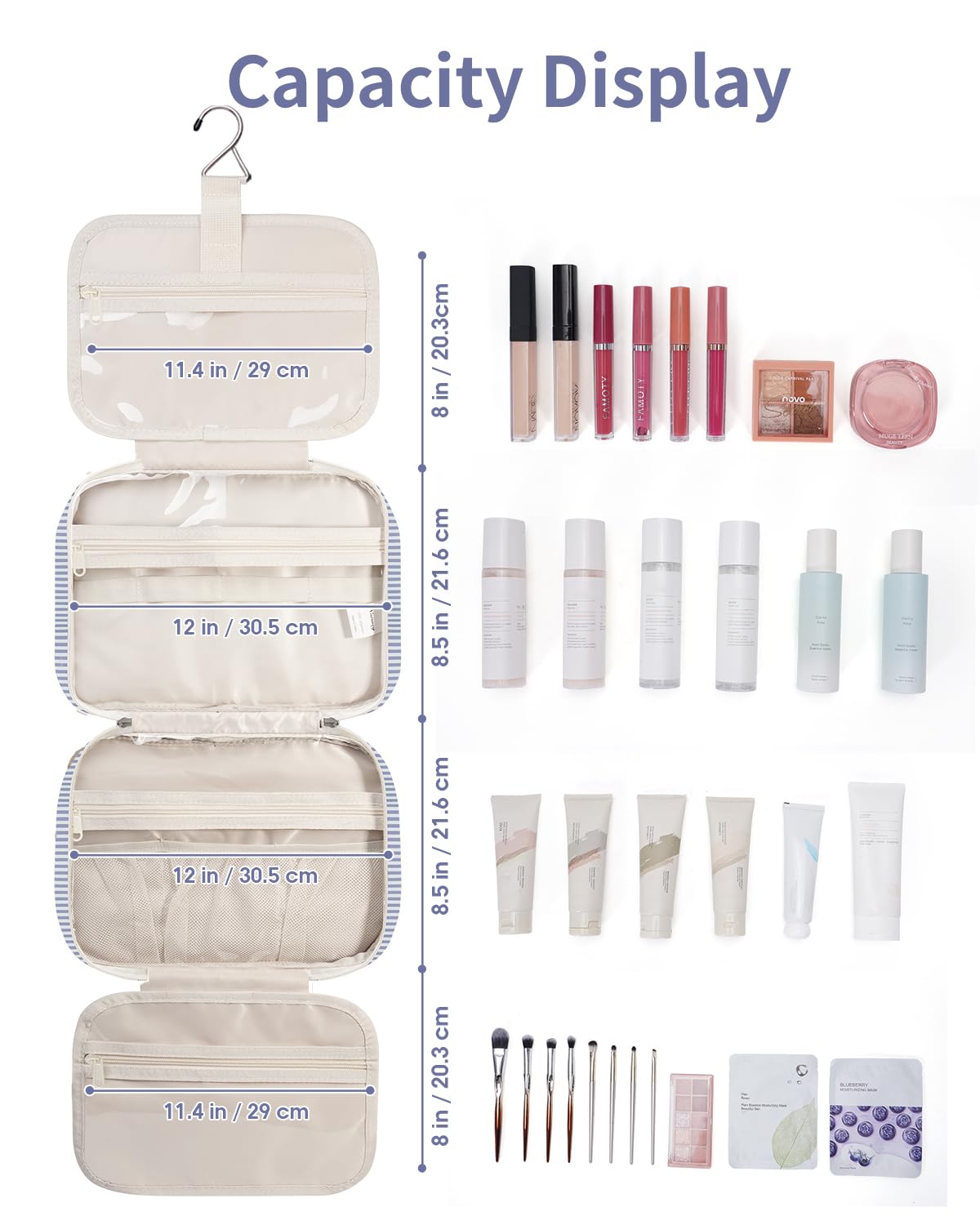 Narwey Striped Travel Toiletry Bag for Women Large Hanging Makeup Bag Organizer Toiletries Bag for Full Size Essentials Accessories Cosmetics (Greyish Blue Stripe (Large))