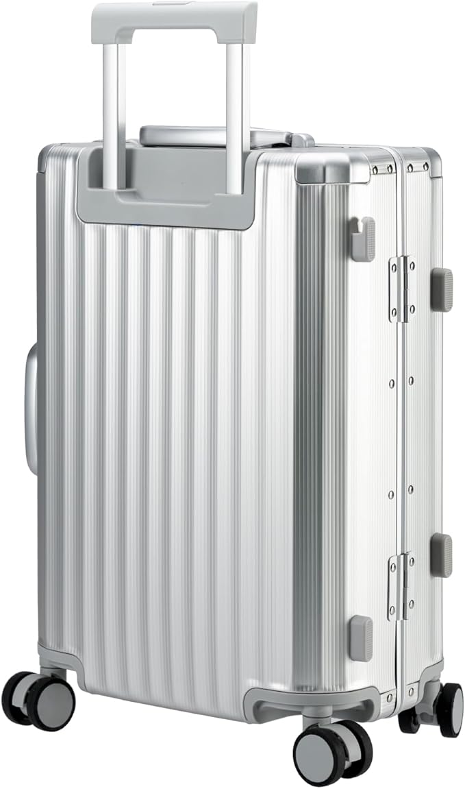 Carry-on Luggage: Silver 20 inch Aluminum-Made Hardshell Suitcase with Spinner Wheels - Zipperless - USB-C Port - TSA Locks - Weekend Getaways International travel Business