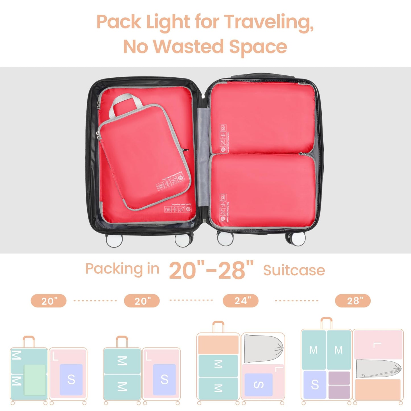 Cambond Compression Packing Cubes for Travel, 4 Pack Luggage Packing Organizers Travel Essentials Bags Compression Cubes for Carry on Suitcases, Watermelon Pink