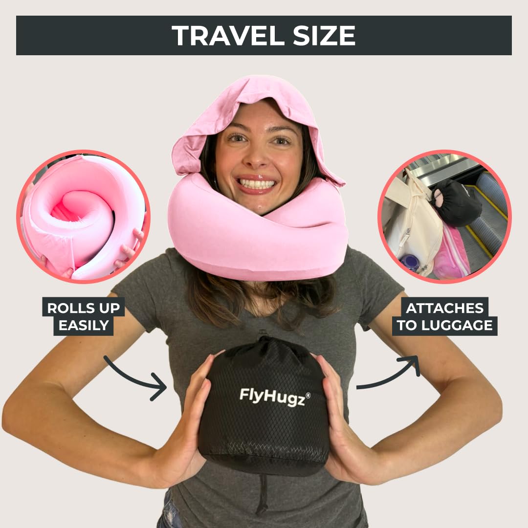 FlyHugz® 2.0 Hooded Travel Pillow – 2025 Original Release – Memory Foam Neck Pillow with Adjustable Hood & Premium Elastic Washable Cover – First Class Comfort for Flights, Road Trips & Sleep- Pink