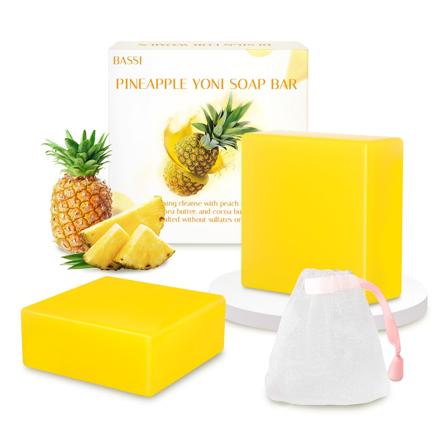 2 PCS Yoni Soap Bars Feminine Wash, 100% Natural Organic Yoni Bar Soap for Women Ph Balance Yoni Wash Eliminates Odor Moisturizing Yoni Care Soap with Foaming Net, Pineapple Handmade Soap 3.53 OZ