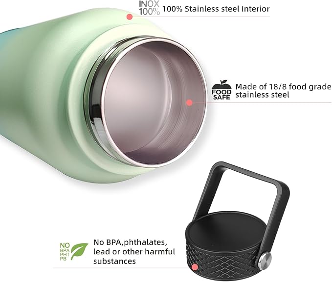 BJPKPK Insulated Water Bottles with Straw Lid, 40oz Stainless Steel Water Bottles with 3 Lids, BPA Free Leakproof Thermo, Tumblers, Cups for Sports, Gym- Mint