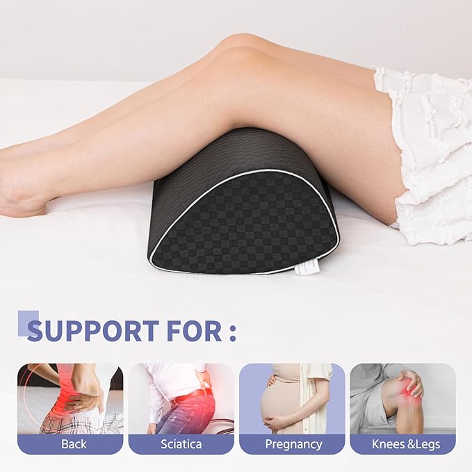 Knee Pillow for Back Sleeping – Ergonomic Memory Foam Cushion for Hip & Back Pain Relief – Leg Wedge Pillow for Spinal Alignment – Support for Side & Back Sleeping, Machine Washable Cover (Black)