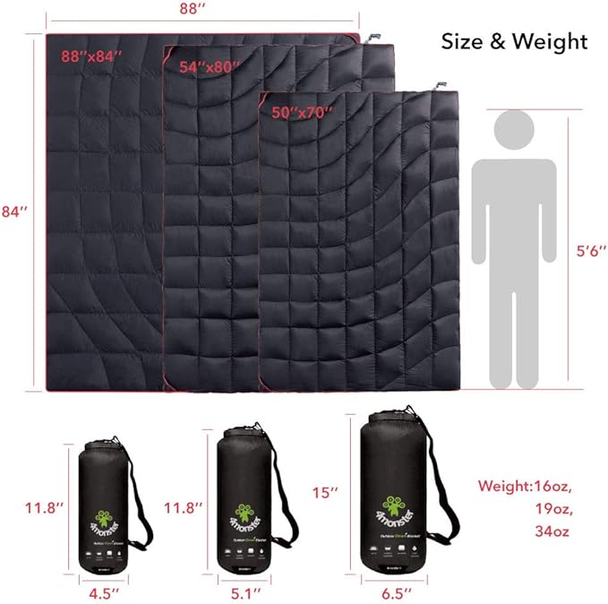4Monster Down Camping Blanket - Outdoor Travel Quilt Puffy 650 Fill, Packable, Lightweight,Wind & Waterproof | Ideal for Stadium, Backpacking,Picnics, Beach and Hiking
