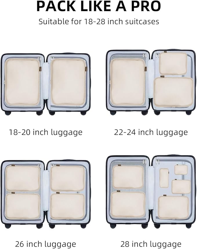 Compression Packing Cubes for Carry on, XL/L/M/S Luggage Organizers (6 Set, Cream White)