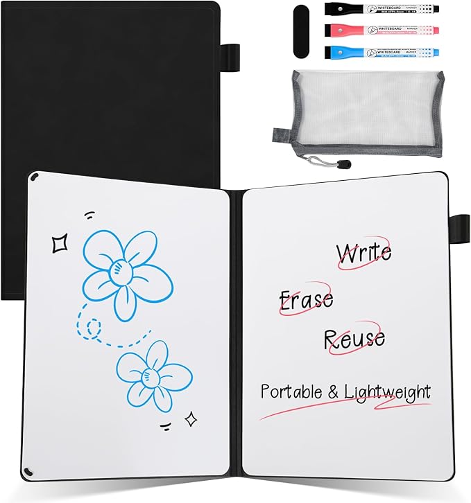 AGM Portable White Board Dry Erase Notebook, 8.4" x 6" Double Sided Folding Whiteboards with 3 Pens, Small Travel Dry Erase Board Skin-Friendly Material for Study, Meeting, Planning, Dark