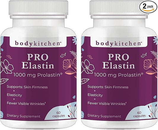 Body Kitchen Pro-Elastin, 1000 mg Elastin Supplement, Help Reduce Signs of Aging, Improved Skin Health, Firmness & Elasticity, Fewer Wrinkles, Veggie Caps, (Pack of 2)