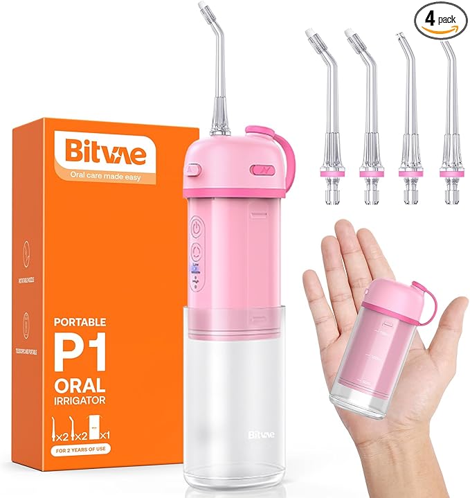 Bitvae P1 Water Flosser for Teeth, Portable Mini Water Flosser, Cordless Water Teeth Cleaner Picks with Telescopic Water Tank, Type-C Rechargeable Oral Irrigator for Travel & Home (Pink)