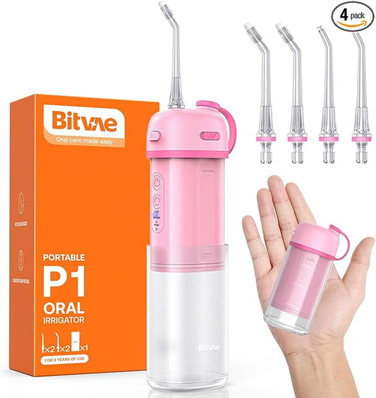 Bitvae P1 Water Flosser for Teeth, Portable Mini Water Flosser, Cordless Water Teeth Cleaner Picks with Telescopic Water Tank, Type-C Rechargeable Oral Irrigator for Travel & Home (Pink)