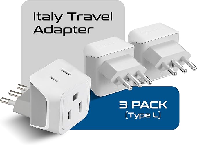 Ceptics Italy Travel Plug Adapter, Chile Plug Adapter with Dual USA Input, Compact Type L Plug Adapter, Safe Grounded Plug, Perfect for Cell Phones, Laptops, Chargers, 3 Pack - CT-12A