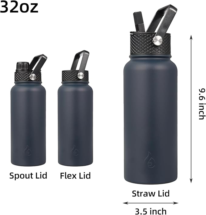 BJPKPK Insulated Water Bottles with Straw Lid, 32oz Metal Large Water Bottle with 3 Lids, Reusable Leak Proof BPA Free Thermo, Stainless Steel Tumblers for Sports, Gym, Travel-Navy Blue