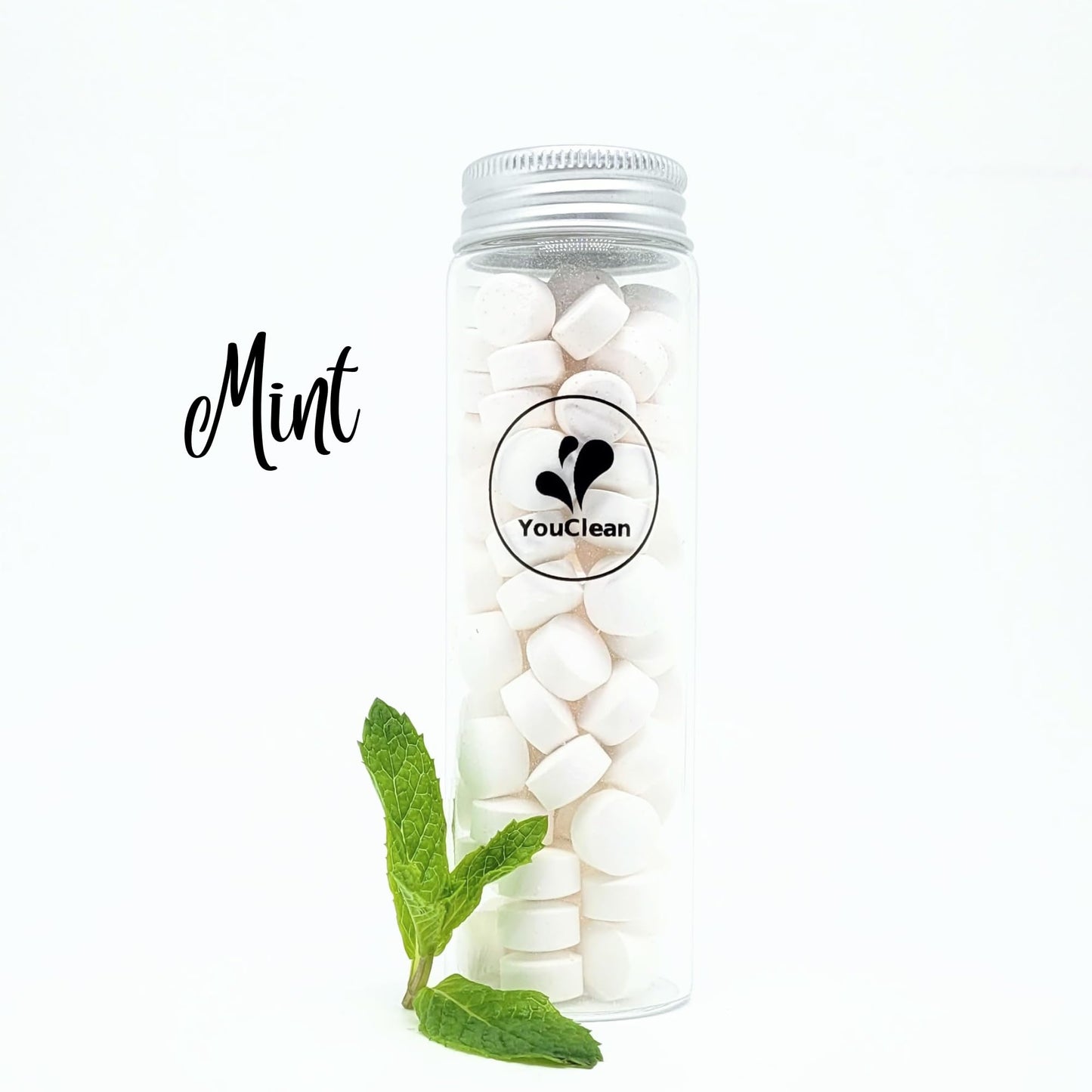 YouClean 90 toothpaste tablets in Refill/Recycle Glass Tube - For Travel and Daily Home Office Use - Nano Hydroxyapatite, Fluoride-Free, Vegan (Mint)