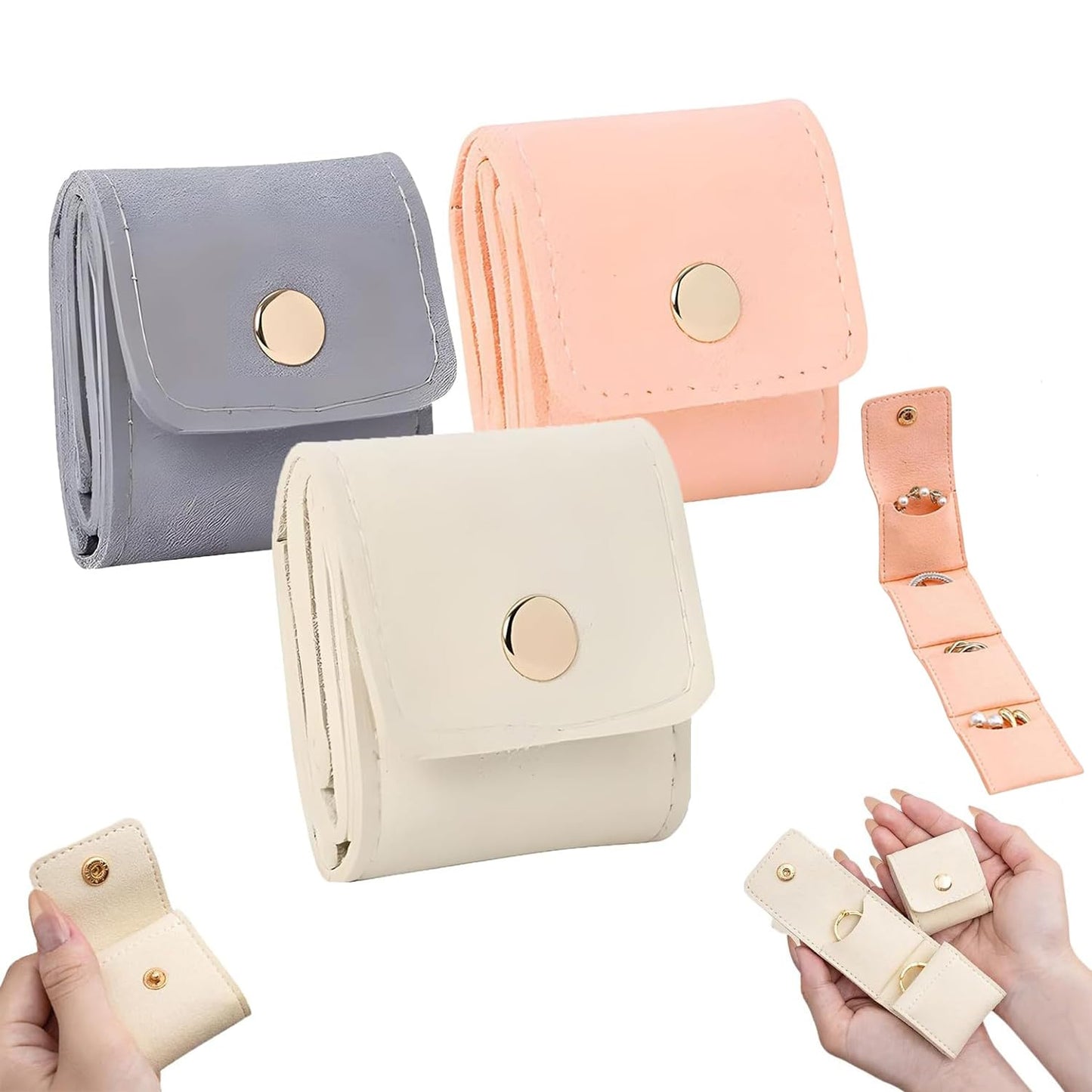 Yiishuiil 3pcs Mini Travel Jewelry Bag, Jewelry Storage Box, Portable Foldable Travel Jewelry Storage Box (with Buckle), Small Jewelry Box for Earrings, Rings and Necklaces (Off-white, Gray, Pink)