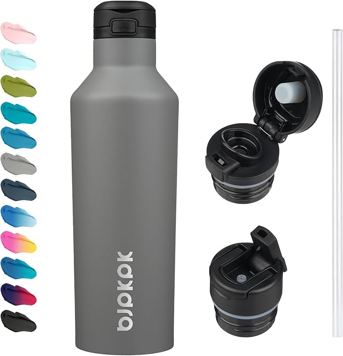 BJPKPK Insulated Water Bottle With Straw 25oz Stainless Steel Water Bottles With 2 Lids And Carry Handle Reusable Travel Metal Thermo,Grey