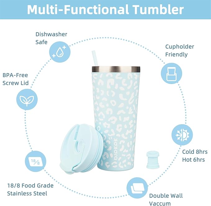 BJPKPK 22oz Tumbler With lid And Straw Stainless Steel Travel Coffee Mug Insulated Tumblers Cups,Light Blue Leopard