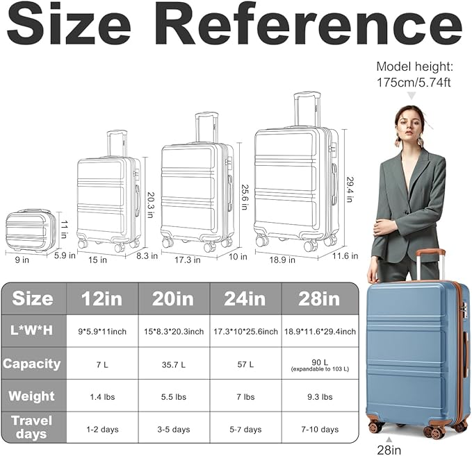 Kono 4 Piece Luggage Sets Expandable(only 28") Lightweight with Spinner Wheels TSA Lock Hardside Travel Rolling Suitcases 20in 24in 28in Carry on and 12in Mini Cosmetic Case Apricot Blue