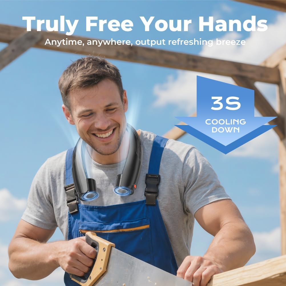 VOSFEEL Outdoor Neck Fan 8000RPM Hurricane Wind, Portable Personal Fan Rechargeable, Proven Battery 20Hrs, 6 Adjustable Cooling Speeds, 360° Airflow, Hands-Free Wearable Fan for Camping Travel, Black