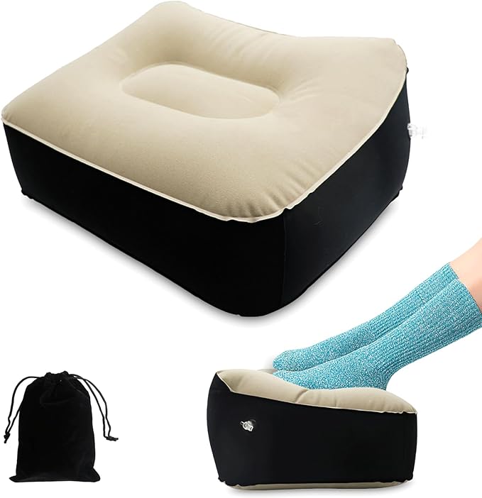 Inflatable Foot Rest, Carseat Inflatable Foot Rest Pillow, Airplanes Inflatable Foot Rest Cars, Travel Footrest Pillow for Home Office,Trains (Light tan with Black, 14.5" L×11.8" W×7.9”H)