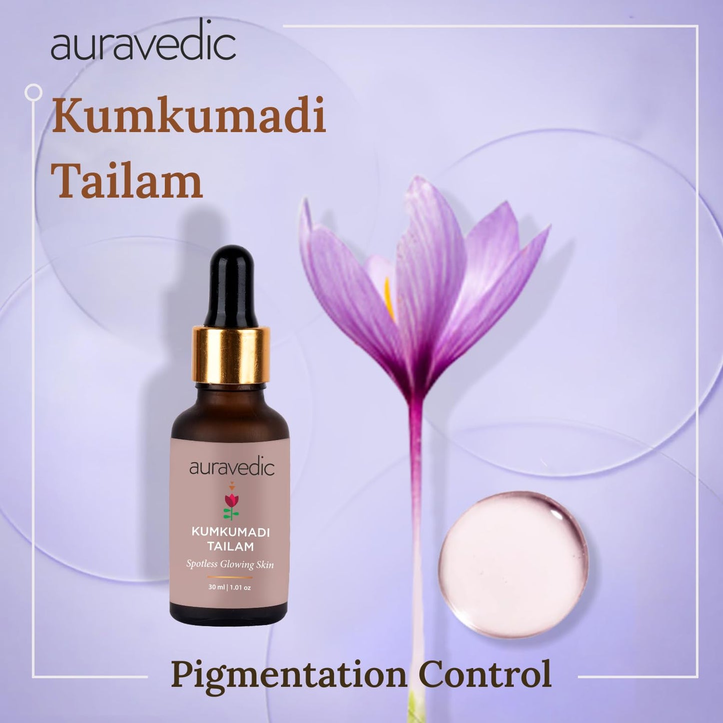 Auravedic Kumkumadi Tailam Face Oil | Helps Reduce Fine Lines & Spots | Hydrates Dry & Dehydrated Skin | Fast-Absorbing & Lightweight | Saffron Facial Moisturizer for Glowing Skin | 1.01 Fl Oz (30ml)