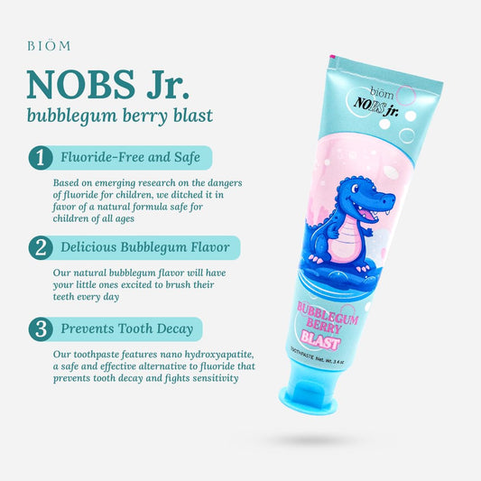 NOBS Jr. Kids Nano Hydroxyapatite Toothpaste – Fluoride Free, SLS-Free, Remineralizing - Dentist Formulated - Bubblegum Berry