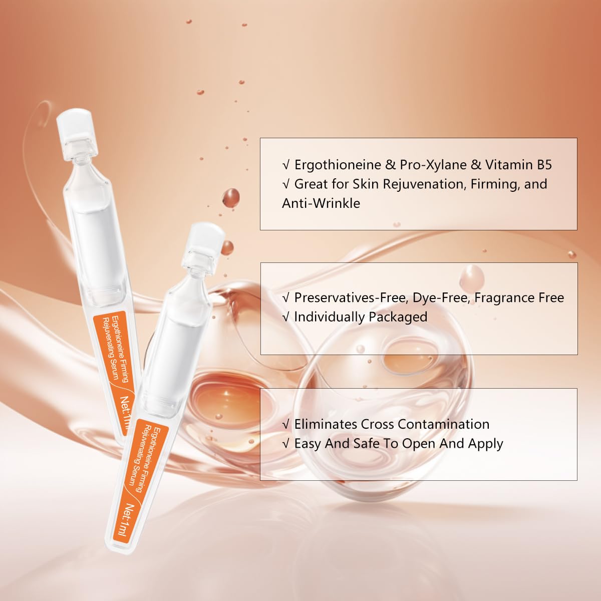 Ergothioneine Firming Rejuvenating Ampoules Serum - Hydrating and Repairing Formula with Pro-Xylane, Centella Asiatica Extract, and Vitamin B5 for Various Skin Types, 15 Pcs/Box