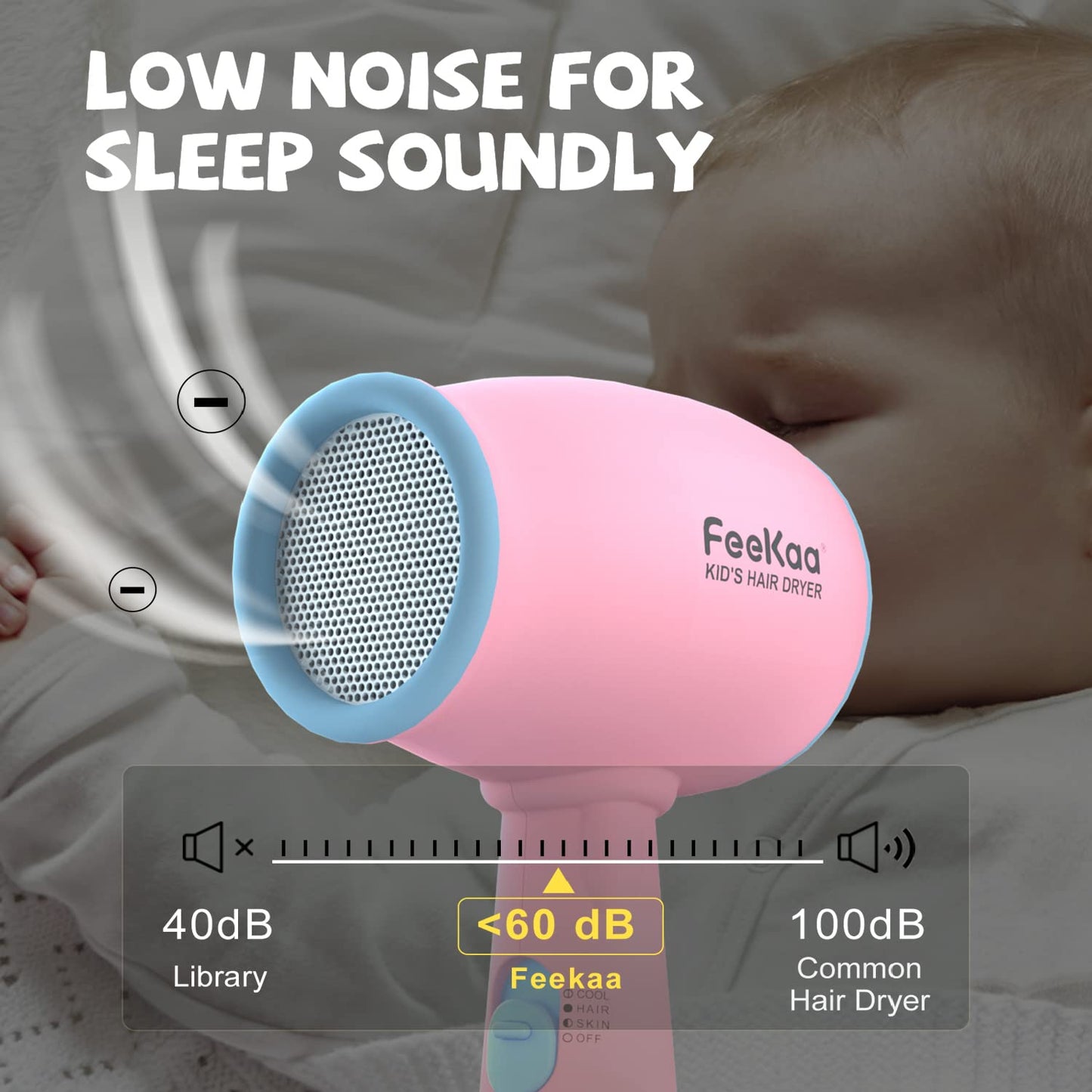 FeeKaa Kids Hair Dryer, Pink, 500 Watt, Lightweight, Gentle Heat, Safe for Kids, Anti-Scald Design