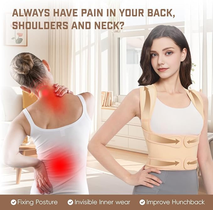 Back Brace Posture Corrector for Women & Men, Adjustable Shoulder Straightener with Full Back Support, Relief for Lower & Upper Back Pain, Hunchback & Scoliosis (Beige, Small)
