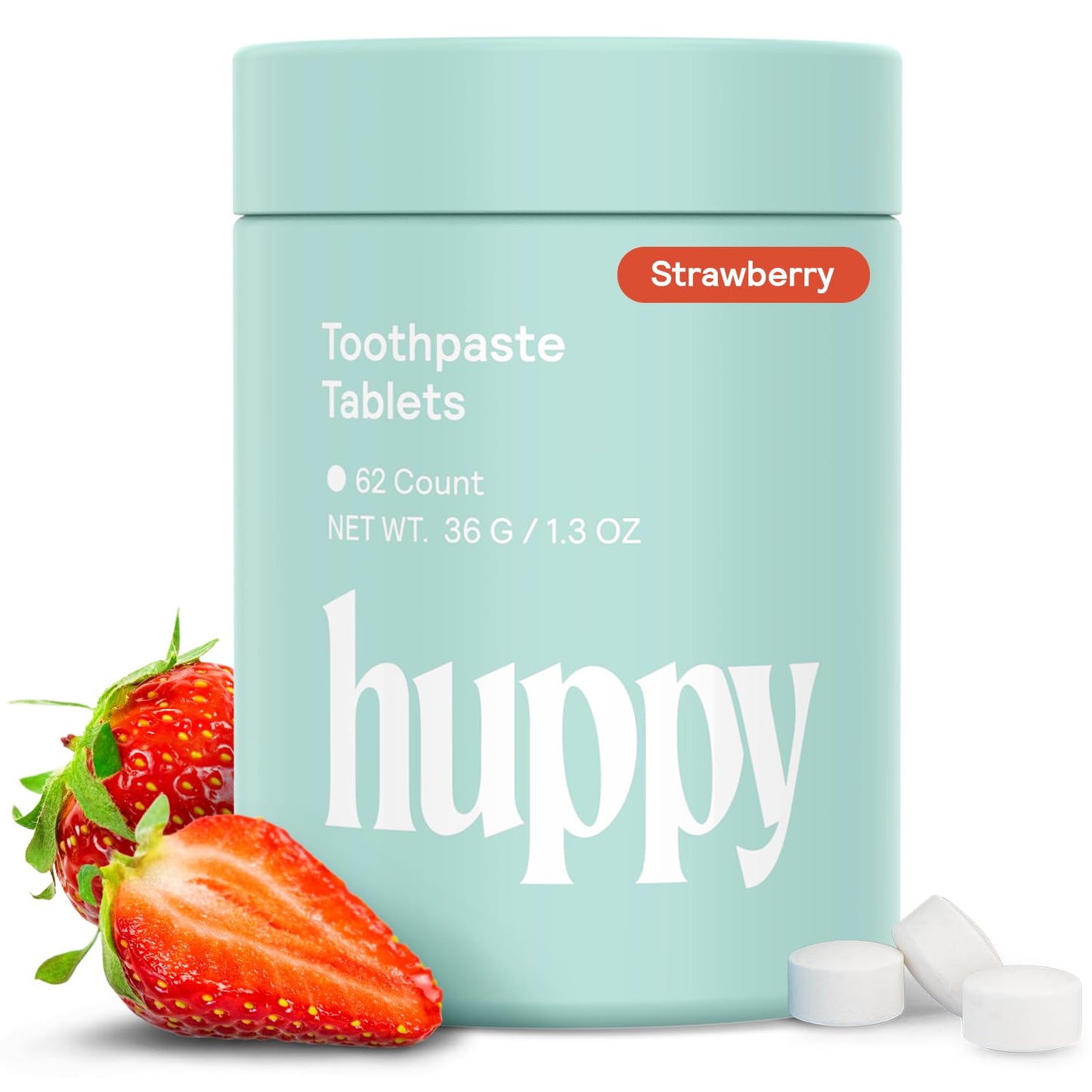 HUPPY Toothpaste Tablets, Nano Hydroxyapatite - Natural Whitening, Fluoride Free and Remineralizing - Travel Tabs, Strawberry Flavor, 62 Count