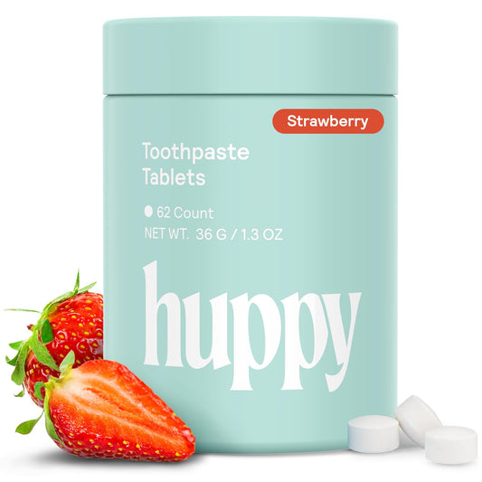HUPPY Toothpaste Tablets, Nano Hydroxyapatite - Natural Whitening, Fluoride Free and Remineralizing - Travel Tabs, Strawberry Flavor, 62 Count