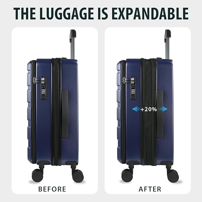 KROSER Carry On Luggage with Spinner Wheels & Built-in TSA Lock, Expandable Top Loading Hard Shell Suitcase Large Capacity Durable Rolling Luggage with USB Port, Carry-On 20-Inch, Navy