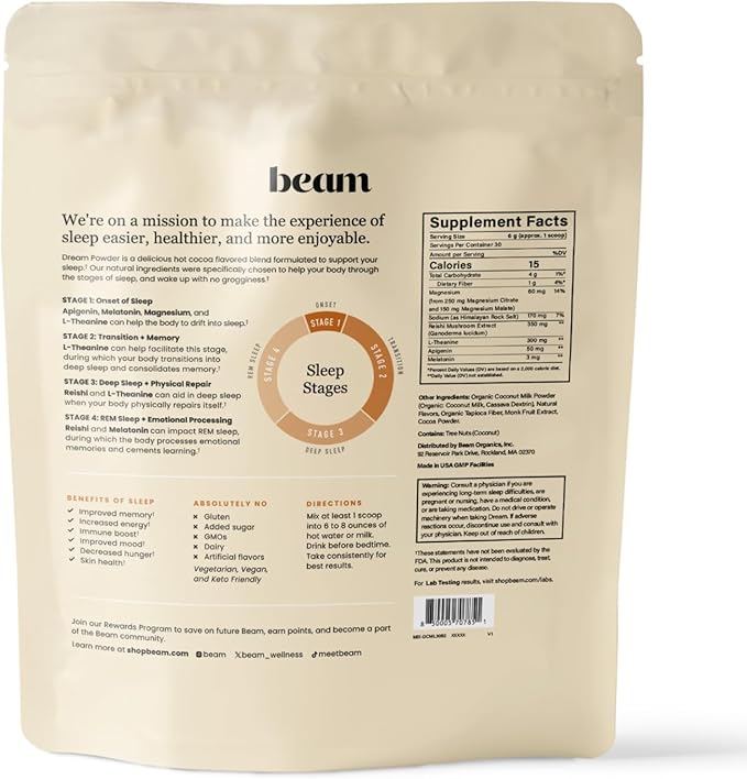 Beam Dream Sleep Powder, L-Theanine, Apigenin, Reishi and Magnesium, Third Party Tested Natural Sleep Aid & Sleep Supplement for Deep Sleep, Relaxation and Recovery, Natural Sleep Support, 30 Servings