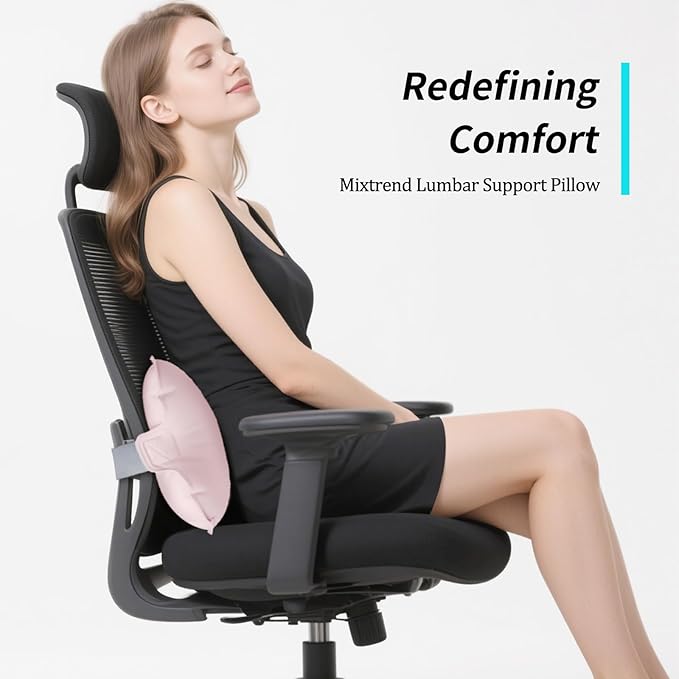 Mixtrend Travel Lumbar Pillow – Inflatable Memory Foam Back Support Cushion for Airplane, Car, Office Chair, Long Flight – Ergonomic Pain Relief for Women, Men & Kids（Blush Pink）