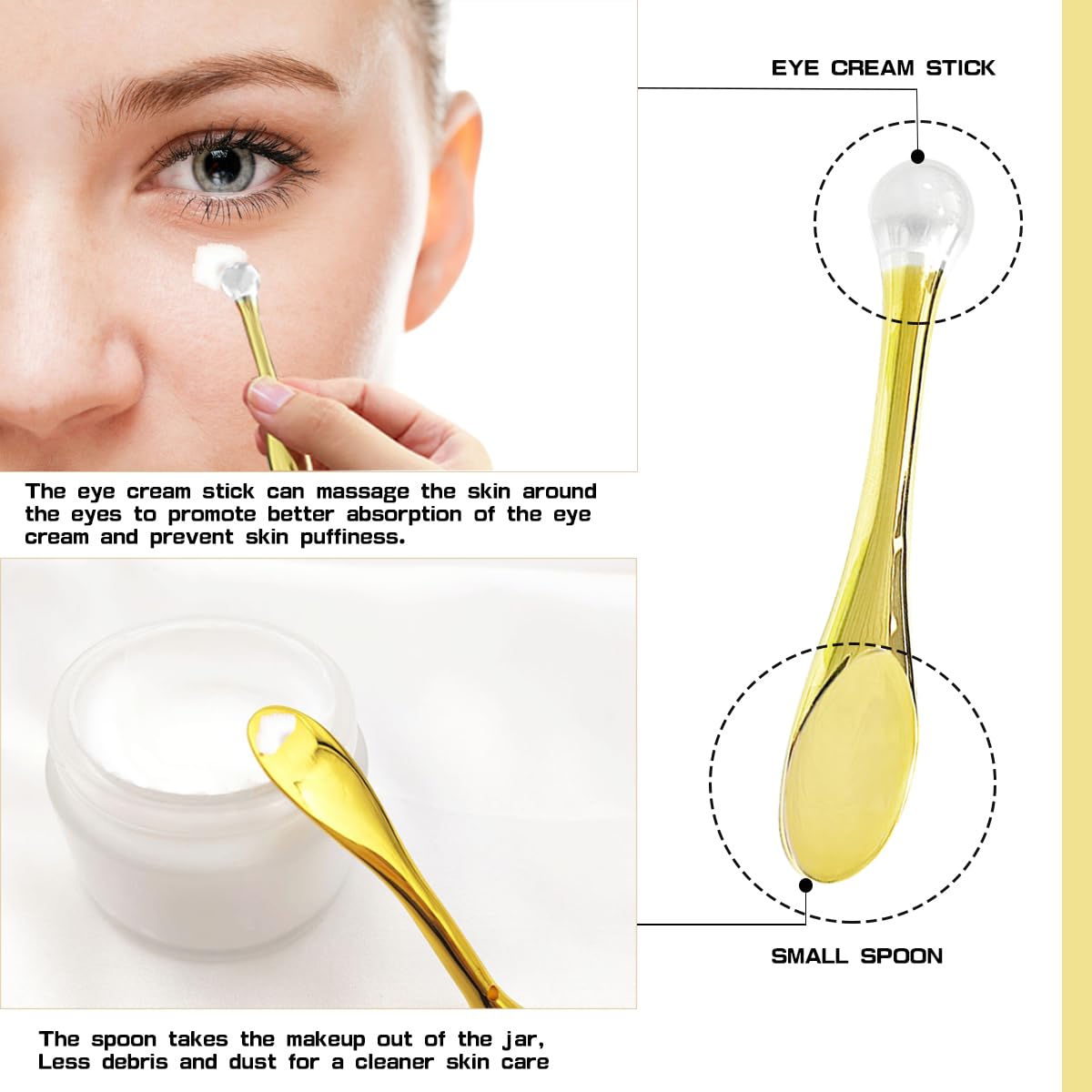 UPIQNG 6Pcs Mini Eye Roller Plastic Eye Cream Massager Sticks Makeup Spatula Scoop Dark Circle Remover Beauty Cosmetic Tool for Skin Care,Golden