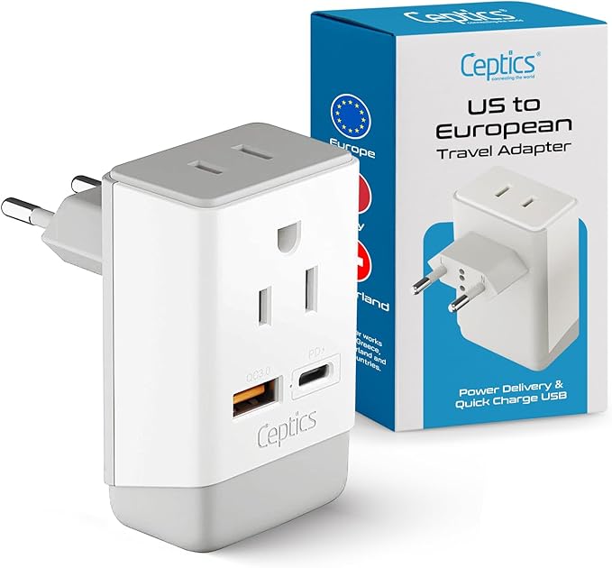Ceptics European Plug Adapter, International Power Plug with USB & USB-C - 2 USA Socket, QC 3.0 & PD -Type C Outlet Adaptor Charger for Spain France Germany Greece Turkey Portugal, Fast Charging